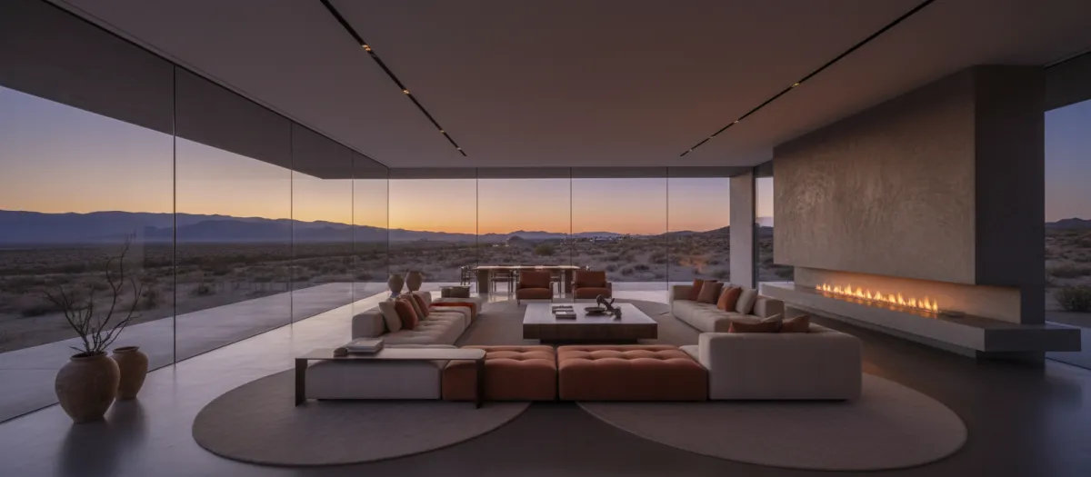 Wide-format living room with floor-to-ceiling glass and minimalist furnishings