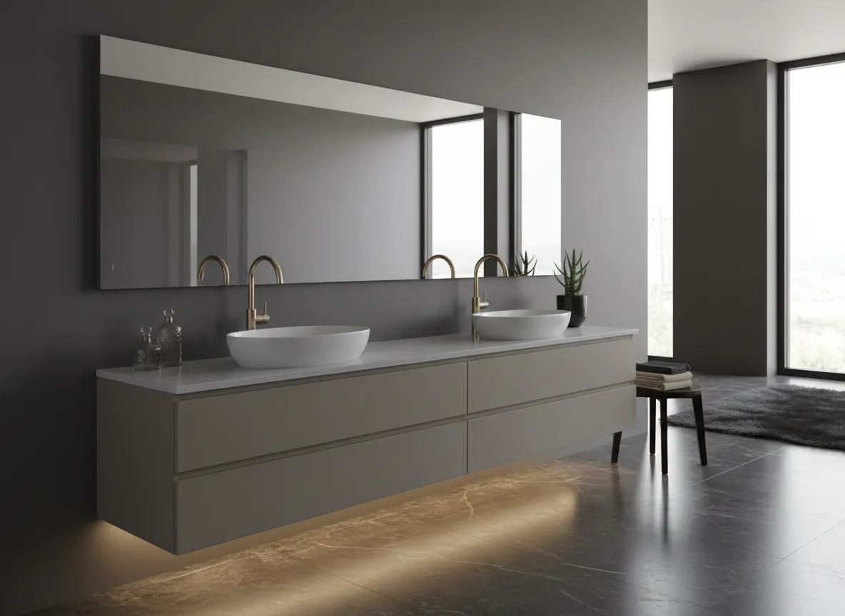 Floating designer vanity with under-cabinet lighting and champagne fixtures