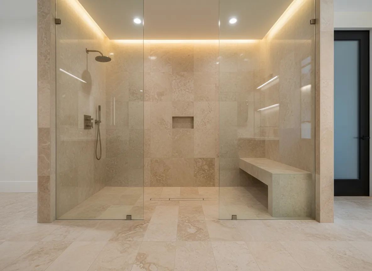 Curbless steam shower with frameless glass and linear drain in luxury Scottsdale home