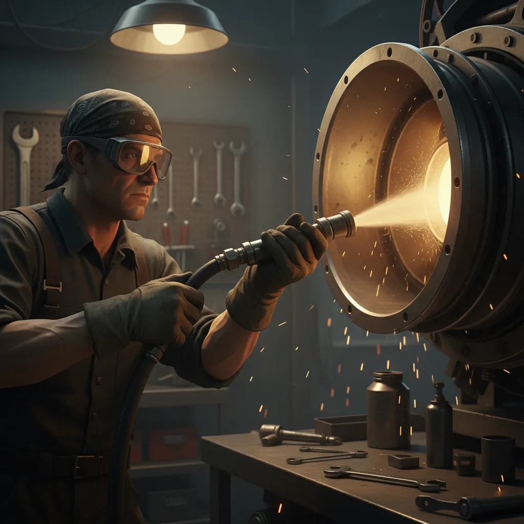 Deck mechanic in action, holding a hose end near a thruster