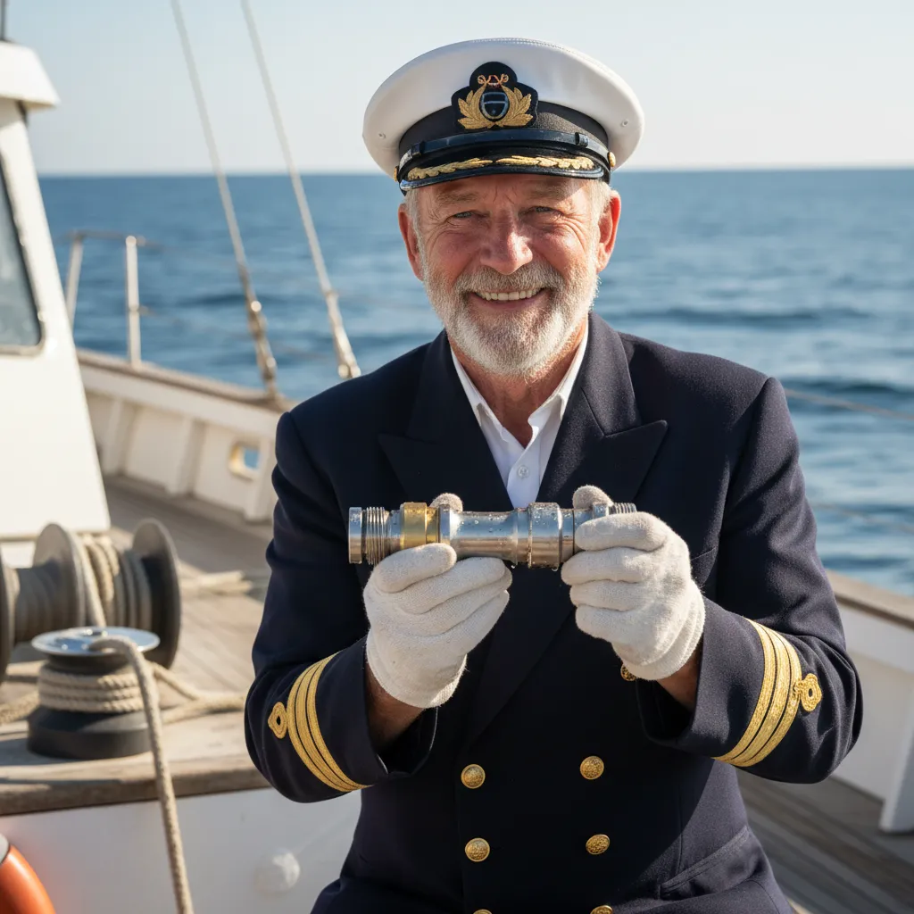 Sea captain holding a freshly replaced HydroTide Hose coupling, smiling to camera