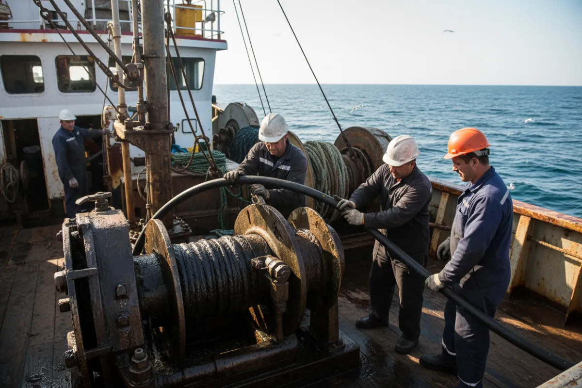 Fishing trawler maintenance crew replacing a hydraulic hose