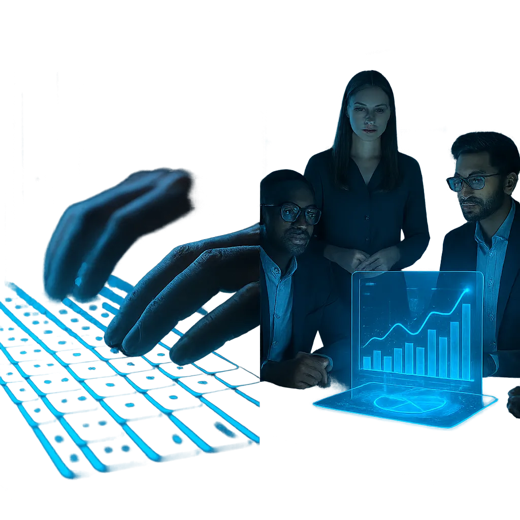 Varman Systems team collaborating in a sleek tech environment with glowing blue data overlays