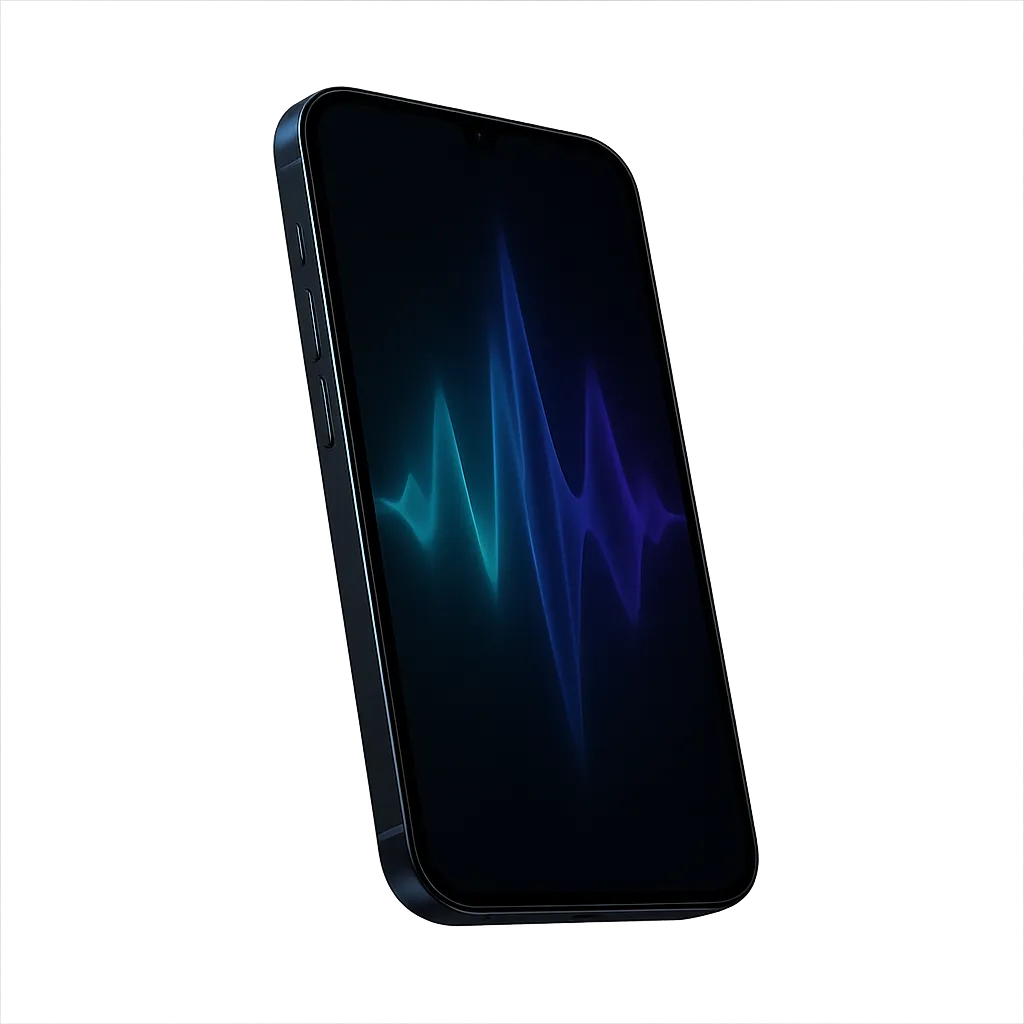 3D modern smartphone floating elegantly with abstract glowing sonic waveform