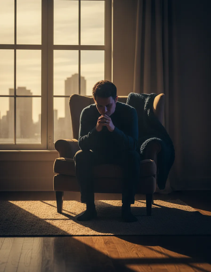A person in quiet, exhausted reflection during golden hour