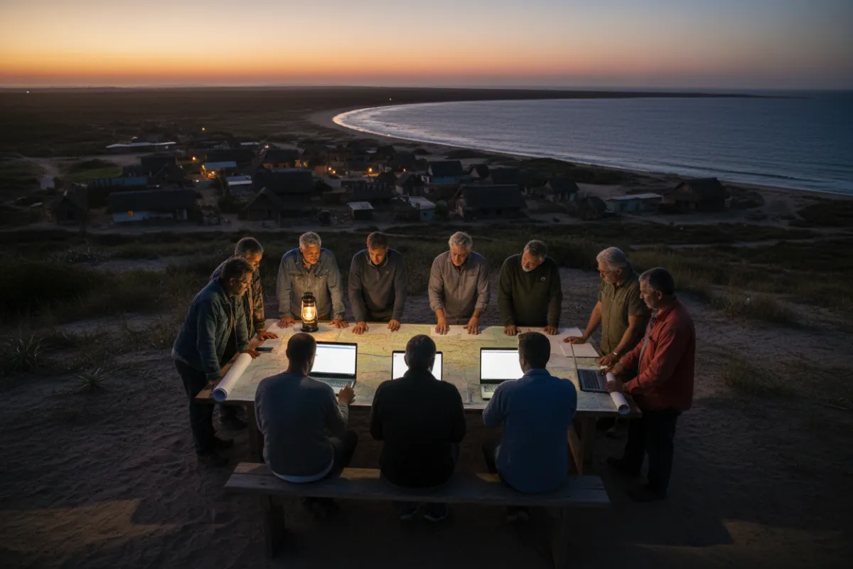Wide landscape photo of a coastal community planning meeting at dusk, leaders around a long table with maps and laptops, warm natural light, photorealistic style emphasizing collaboration and stewardship.