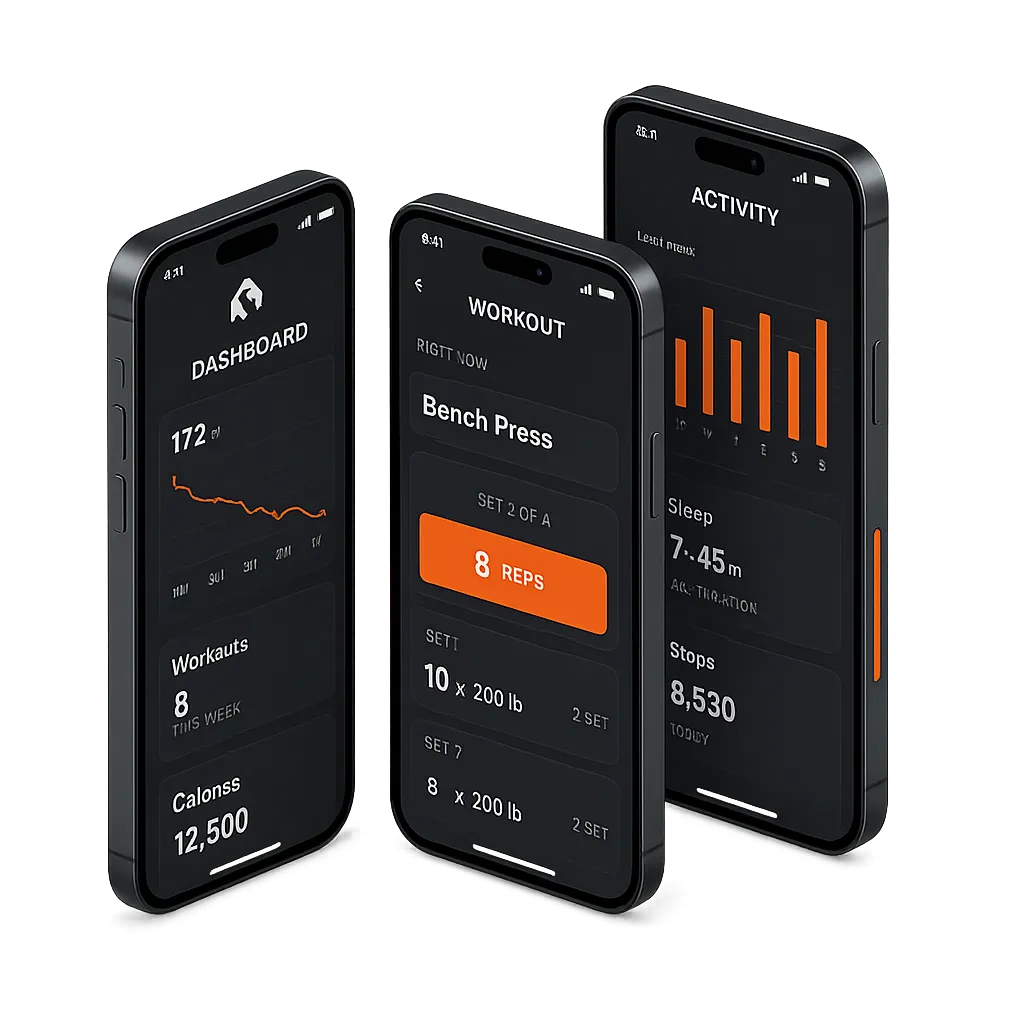 Sleek dark UI mockups of the Silverback fitness app featuring orange accents and clinical data tracking
