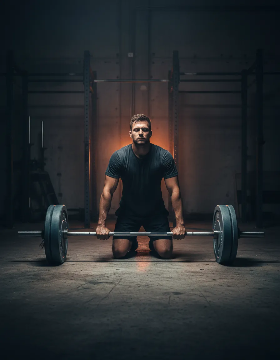 Exhausted athlete hitting a training plateau under gritty lighting