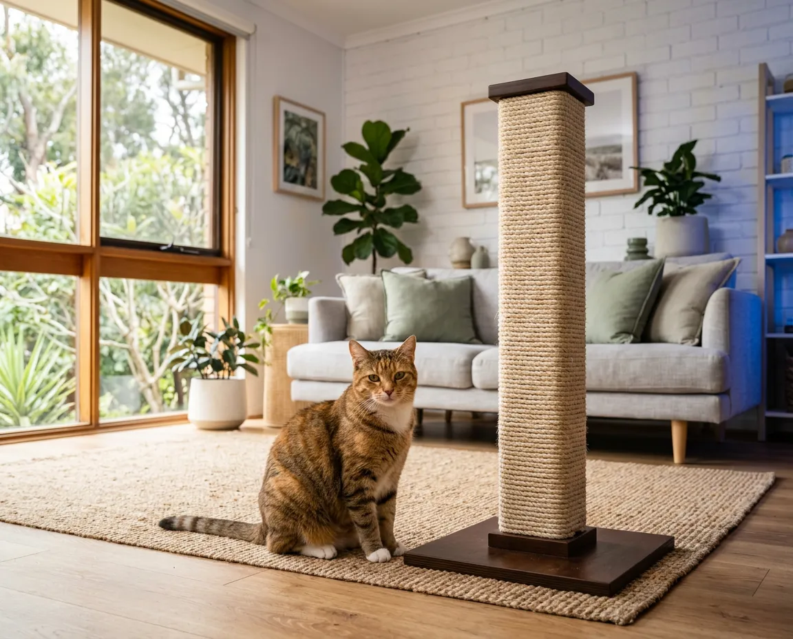 A healthy domestic cat stretching next to a sturdy scratching post in a naturally lit Australian living room