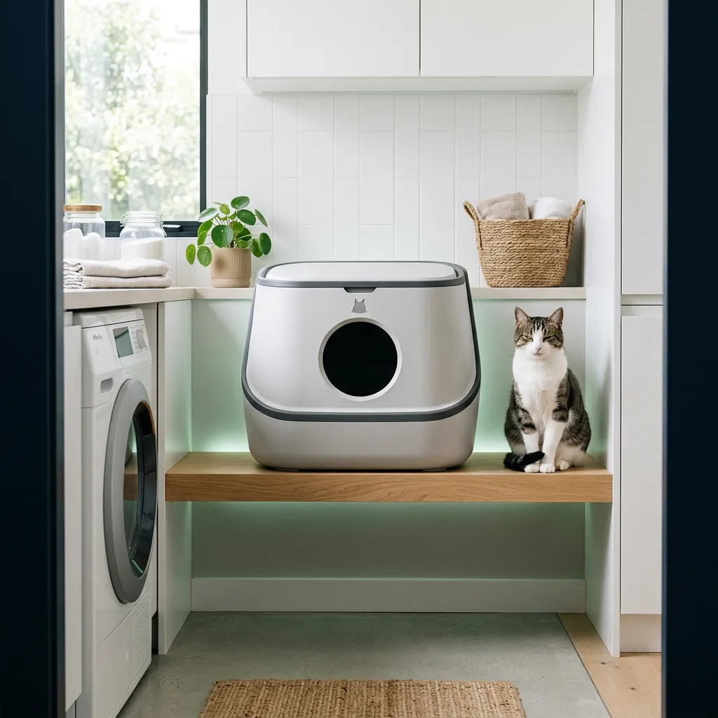 Cat sitting peacefully beside modern odor-free litter box