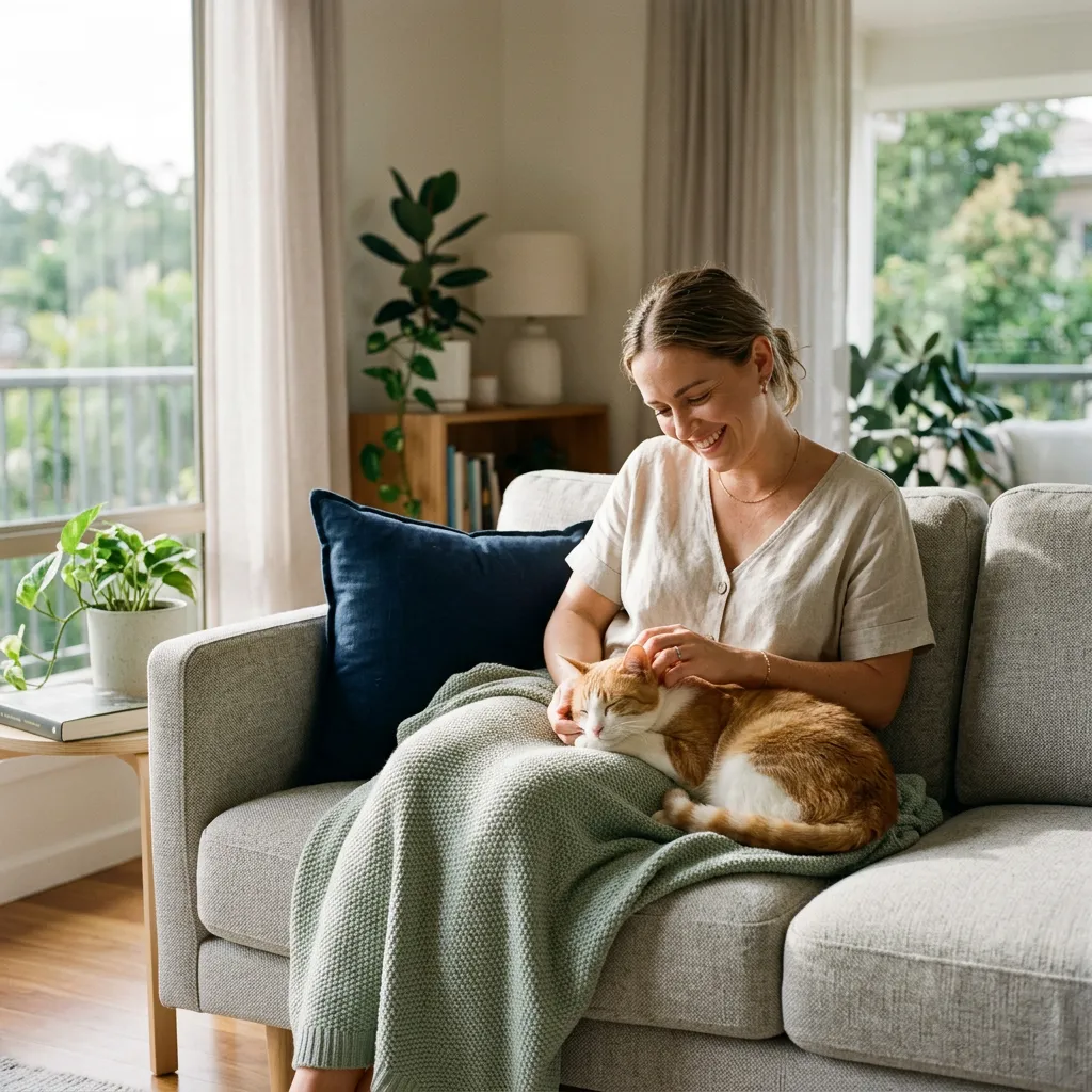 Australian cat owner gently interacting with a relaxed cat in a sunlit living room