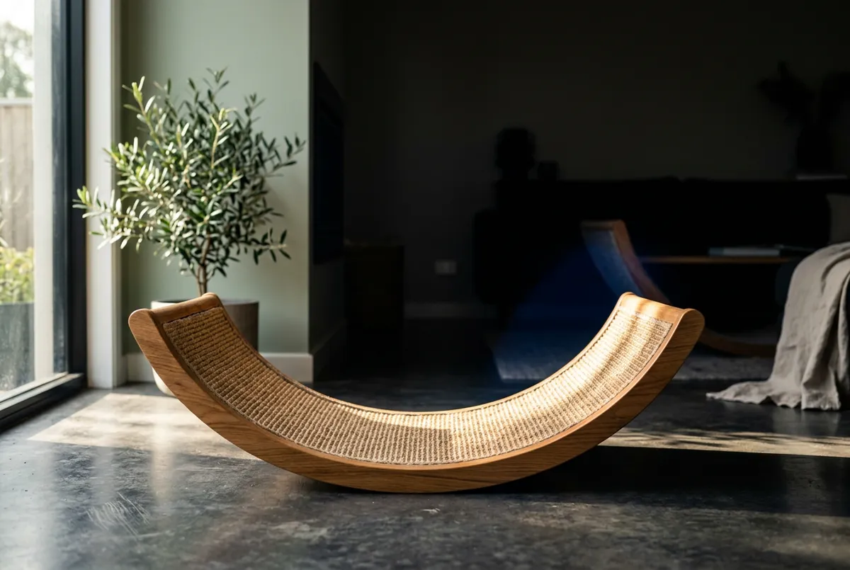Architectural curved sisal and timber cat scratching lounger in a sunlit interior