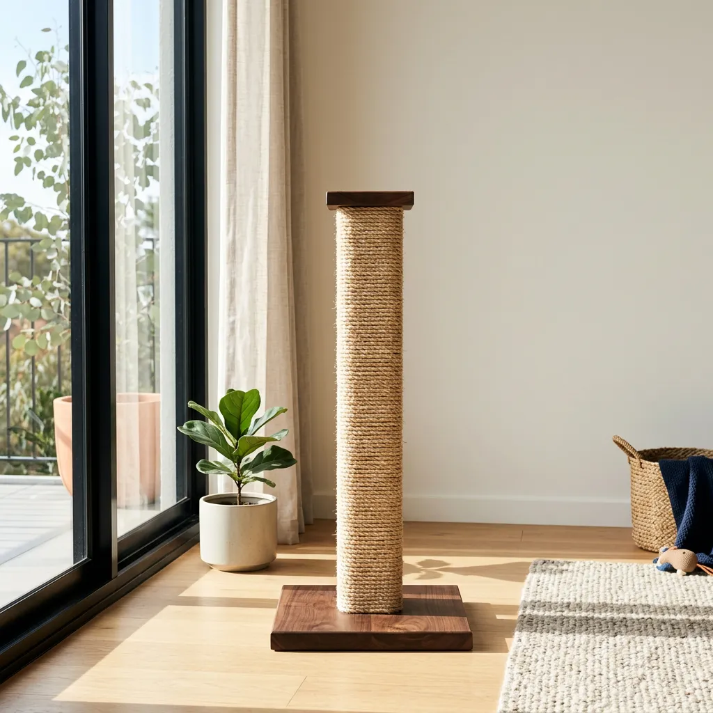 Sisal scratching tree and climbing tower in bright sunroom