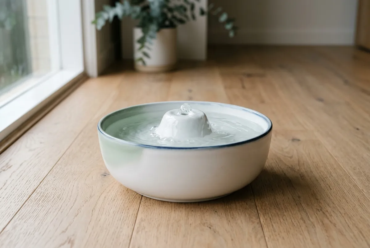 Minimalist ceramic cat water fountain operating quietly on neutral hardwood floor