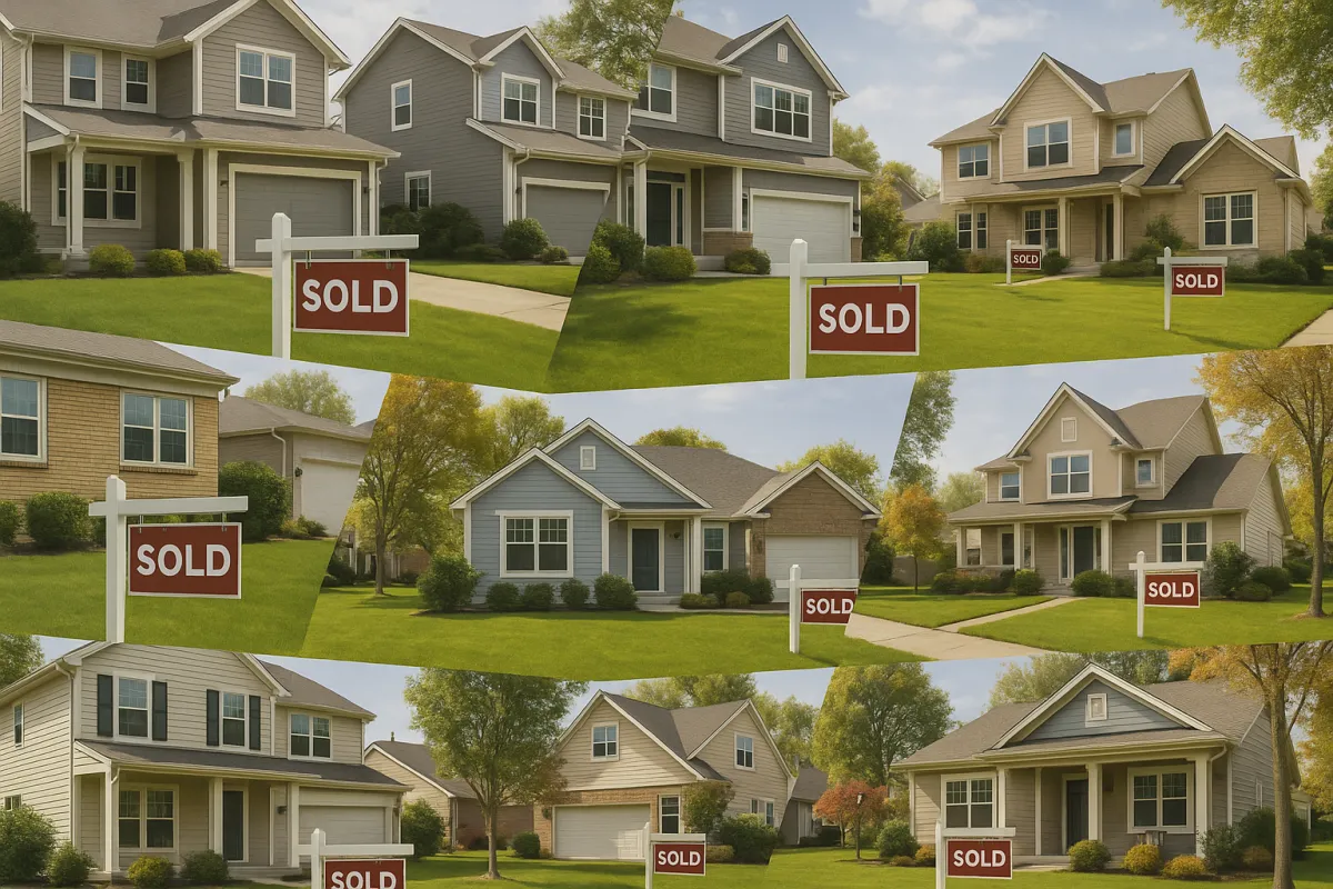 Sold property signs in front yards montage across neighborhoods