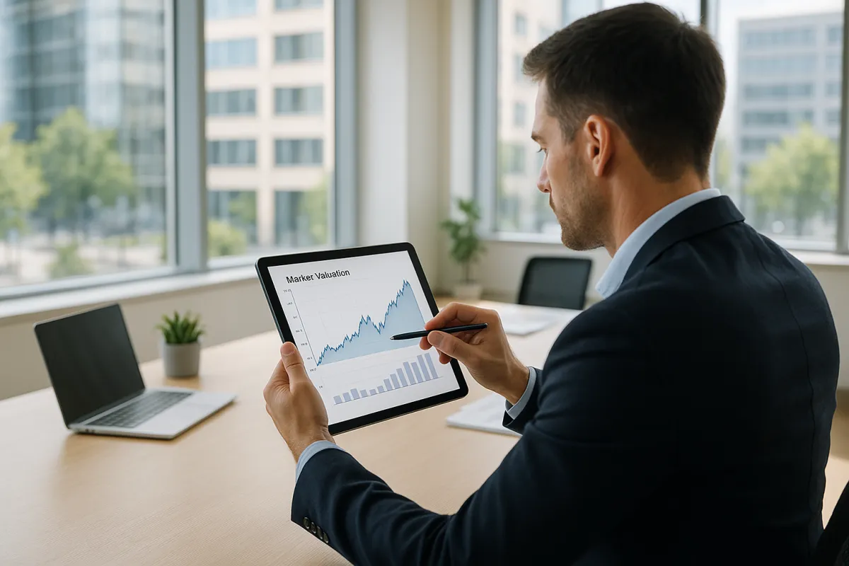 Agent analyzing a market valuation graph on a tablet in a bright office