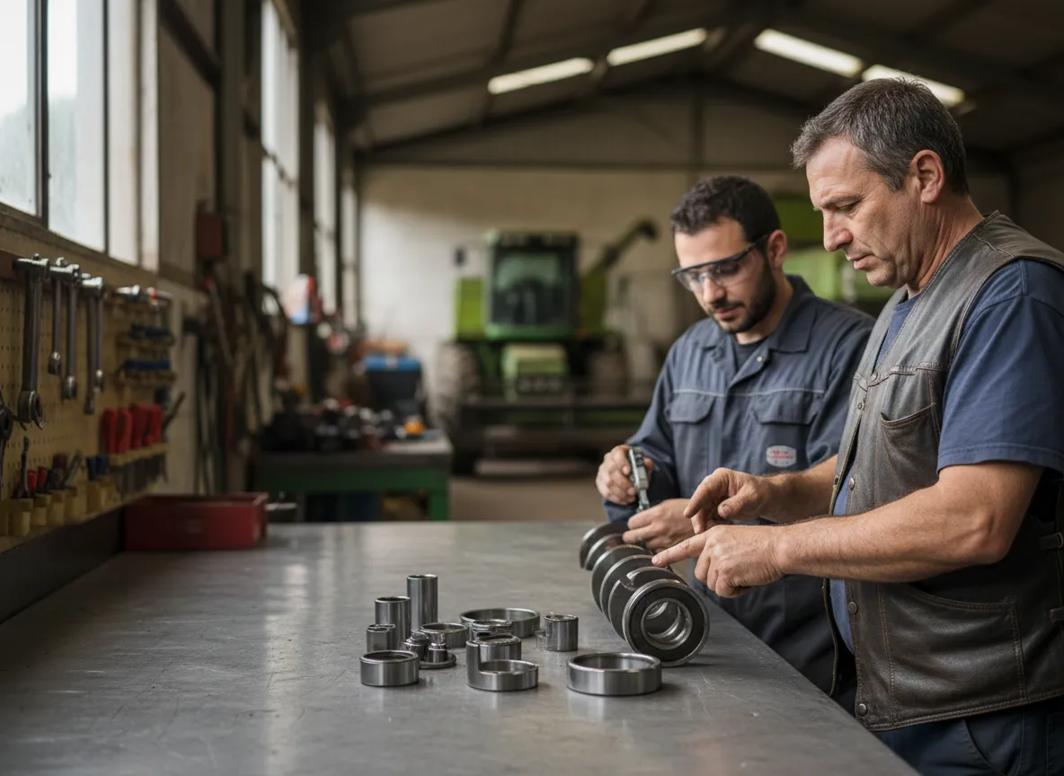 Productor agrícola revisando piezas de motor en un banco de trabajo