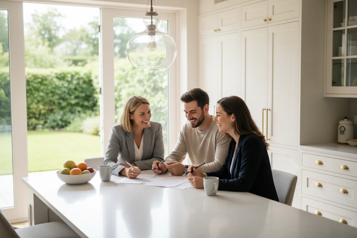 A professional real estate advisor and a young couple sitting at a kitchen table, reviewing documents and smiling. The kitchen is bright and modern, with natural light and a welcoming atmosphere, emphasizing trust and personalized guidance.