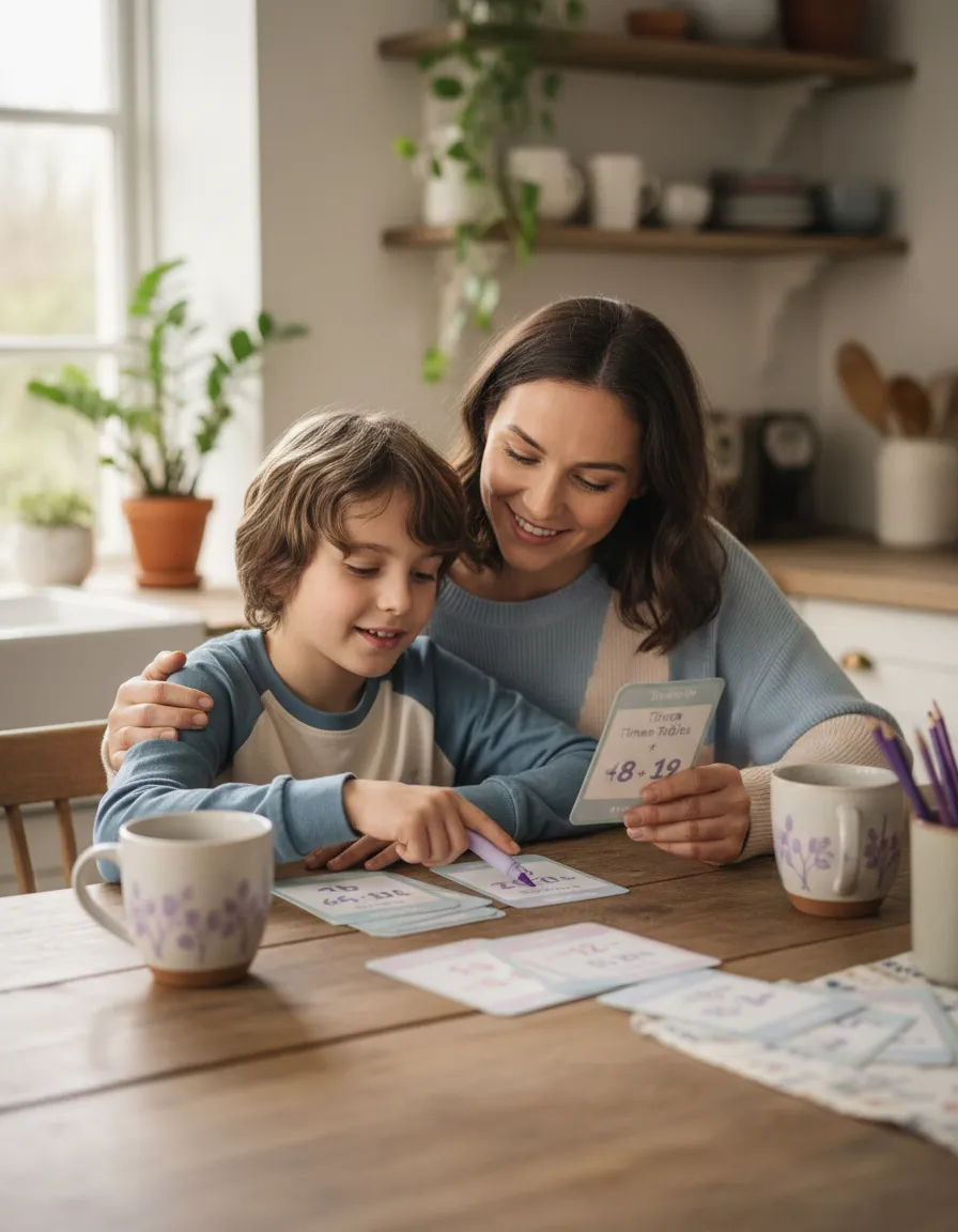 Happy child learning times tables with supportive parent at kitchen table