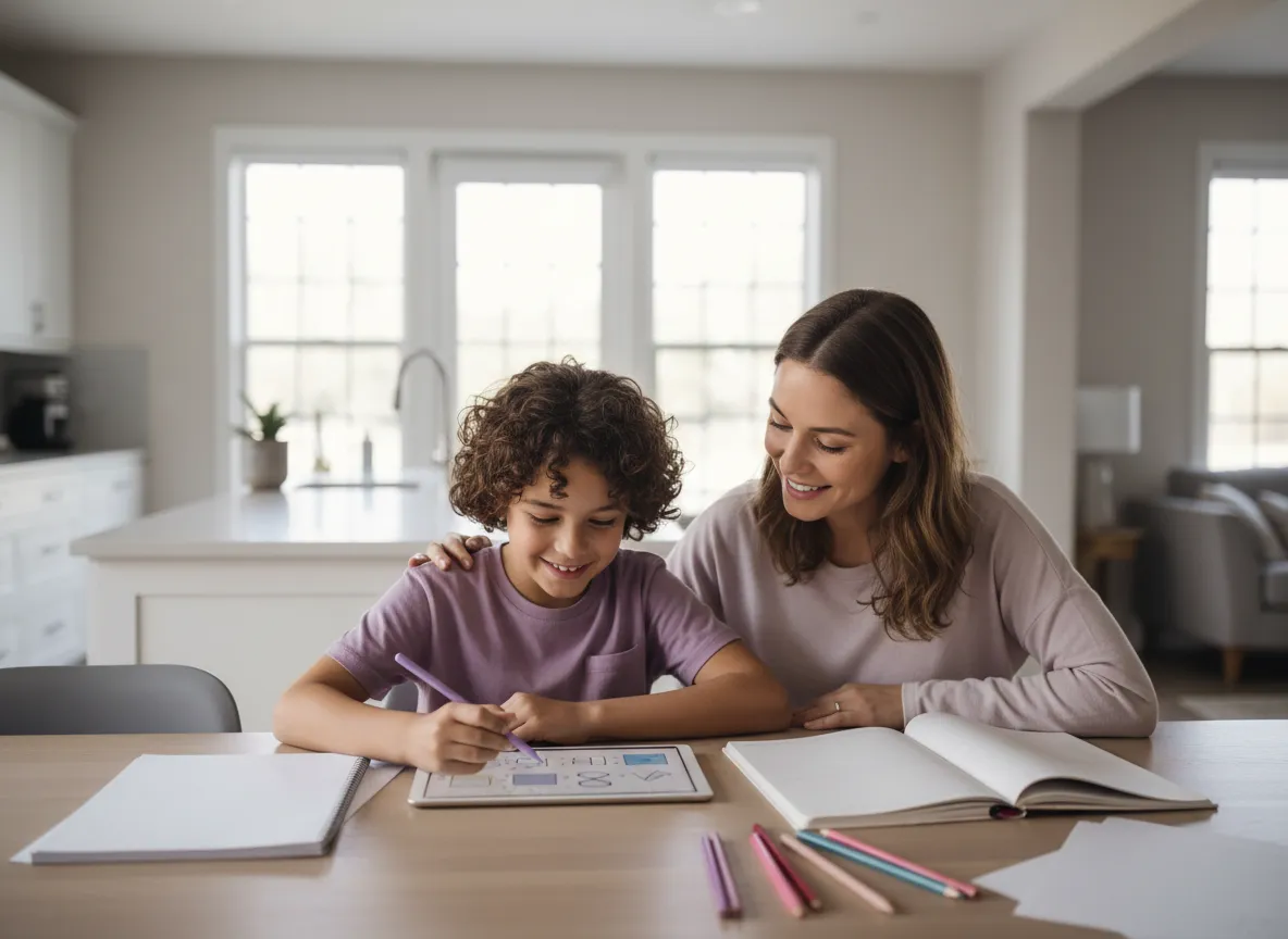 Child smiling while doing maths with a parent at a table