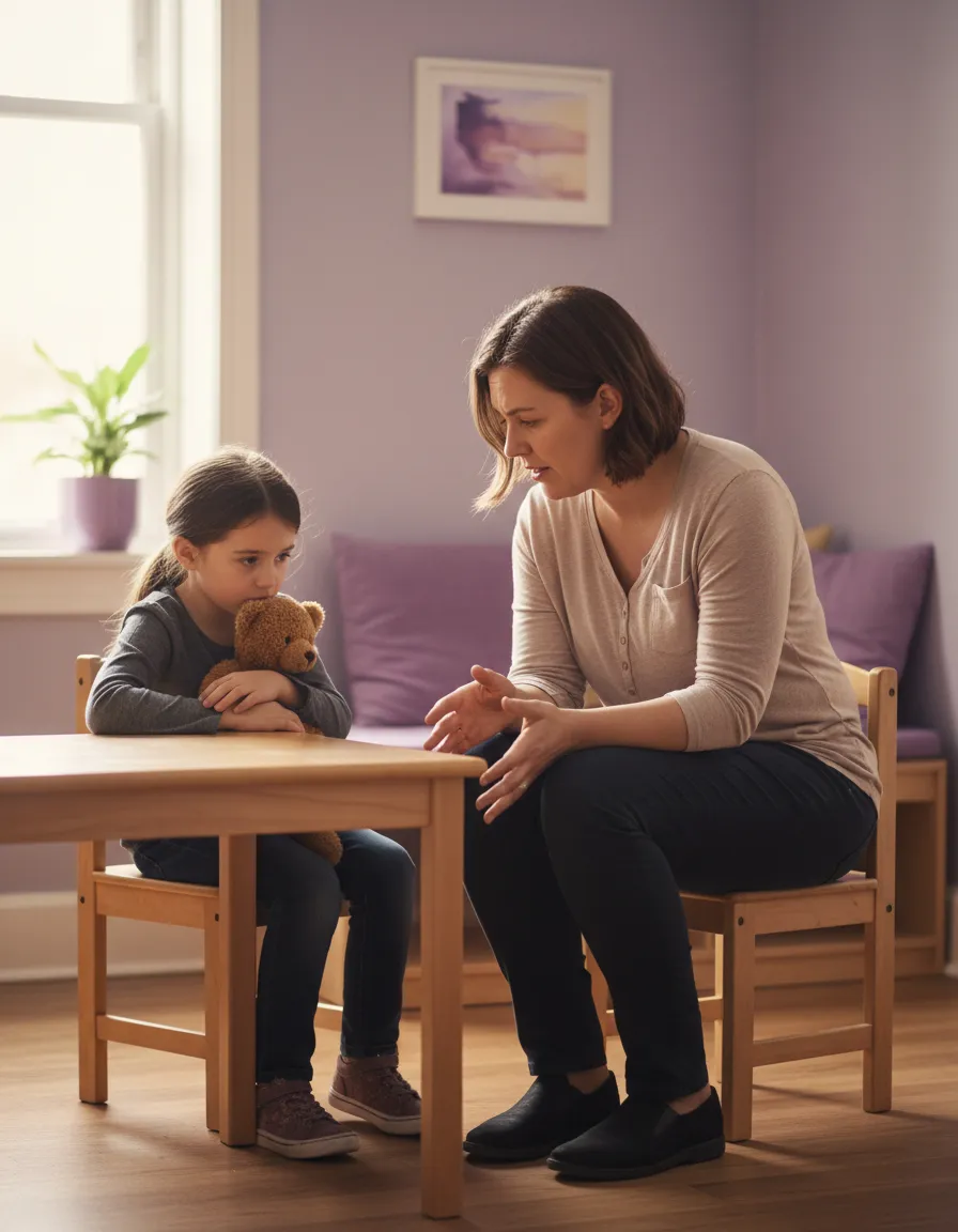 Realistic image of a thoughtful educator gently supporting a worried child