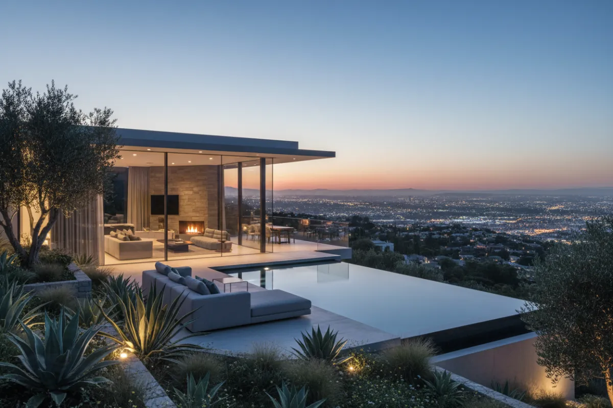 Contemporary hillside villa with panoramic city views, infinity pool, and open-concept living spaces. The property features floor-to-ceiling windows and lush landscaping, radiating modern luxury. 3:2 aspect ratio.