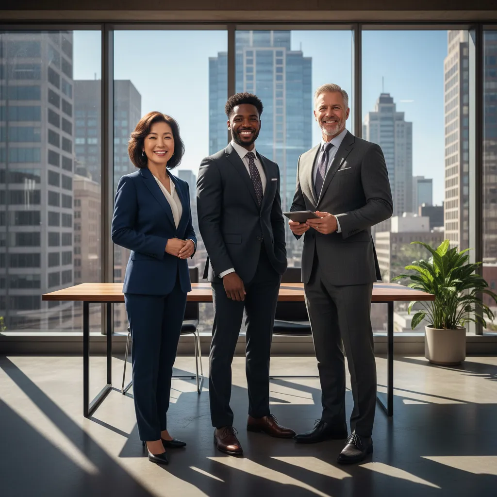 Three-person real estate team in formal attire, standing in a sunlit, modern office with floor-to-ceiling windows and city views. The group is diverse in age and ethnicity, exuding confidence and professionalism. 1:1 aspect ratio.