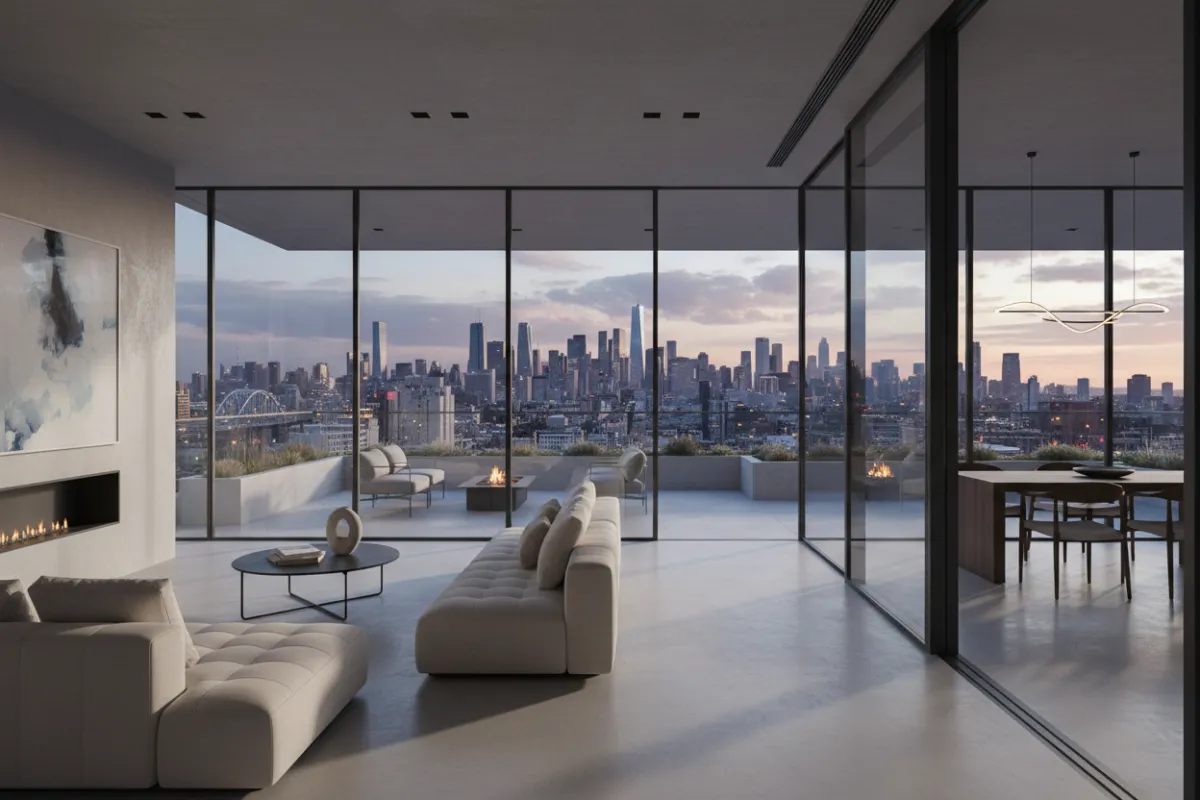Ultra-modern penthouse with wraparound terrace, city skyline backdrop, and designer furnishings. The space is filled with natural light and features sleek, minimalist decor. 3:2 aspect ratio.