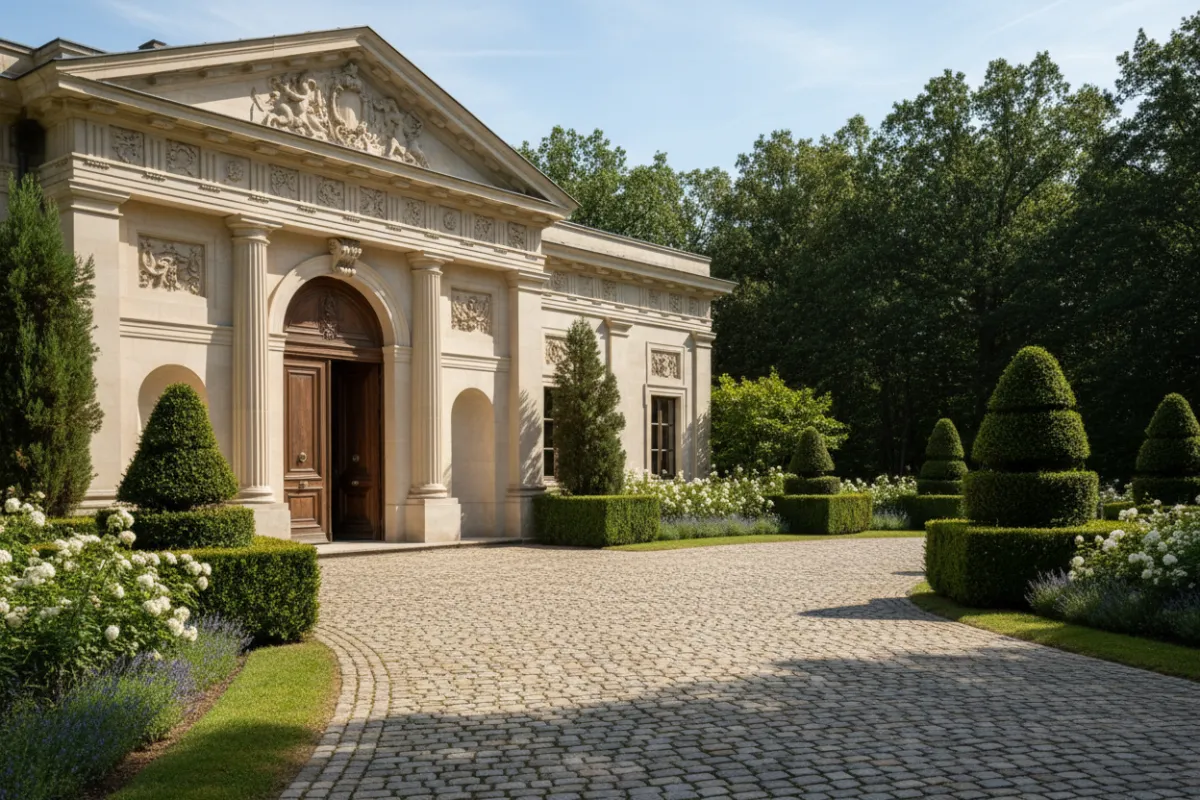 Classic European-style estate with ornate stonework, grand entrance, and manicured topiary gardens. The home is surrounded by mature trees and features a cobblestone driveway. 3:2 aspect ratio.