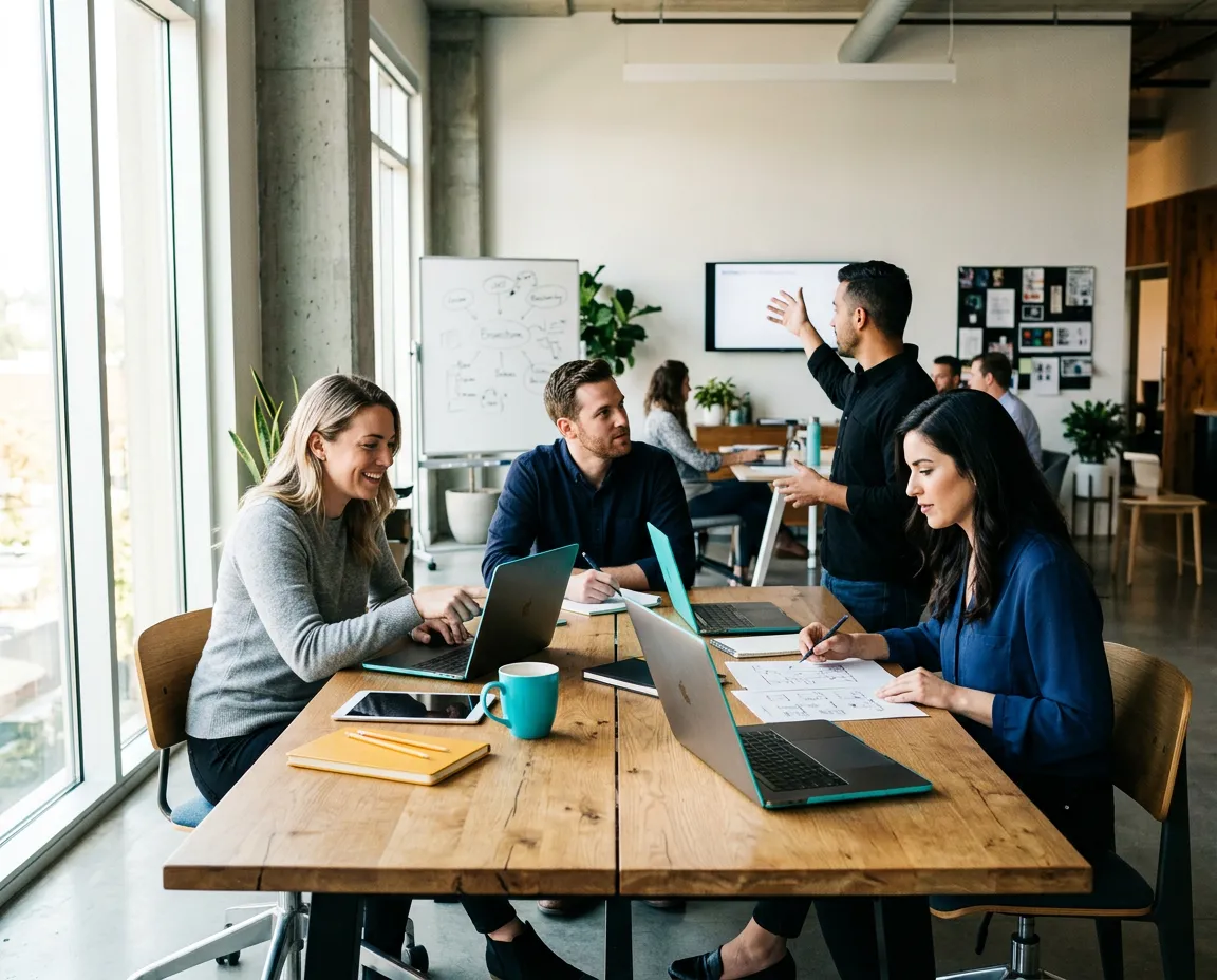 Modern creative advertising workspace with team strategizing digital marketing campaigns