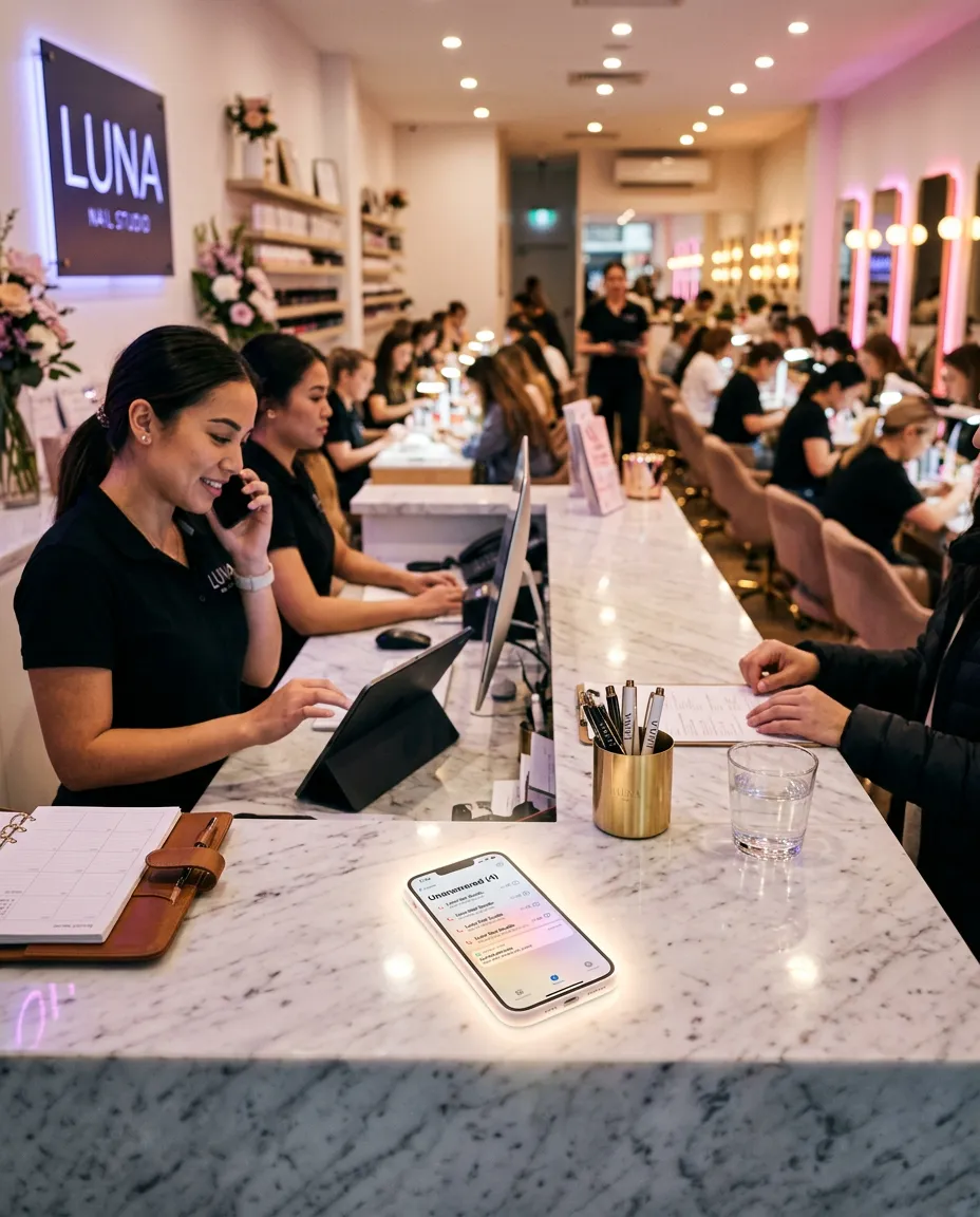 Quầy lễ tân tiệm salon bận rộn với chiếc điện thoại liên tục reo bị bỏ lỡ