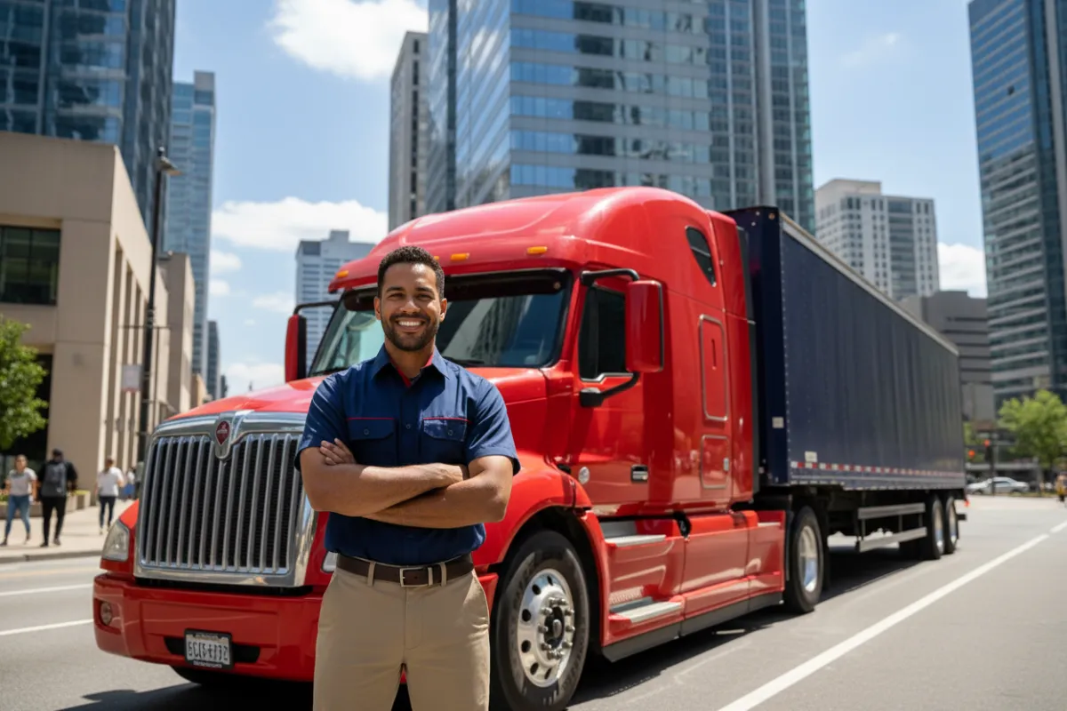 A smiling truck driver in uniform stands confidently beside a red and navy semi-truck in an urban setting. The driver is approachable and professional, representing opportunity and inclusivity. The background features city buildings, adding a sense of ambition and modernity.