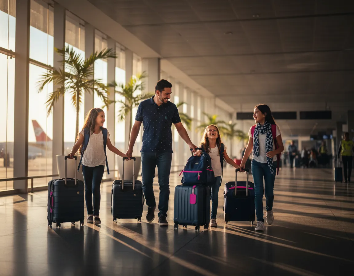 Familia ecuatoriana feliz preparándose para viajar de turismo a Estados Unidos