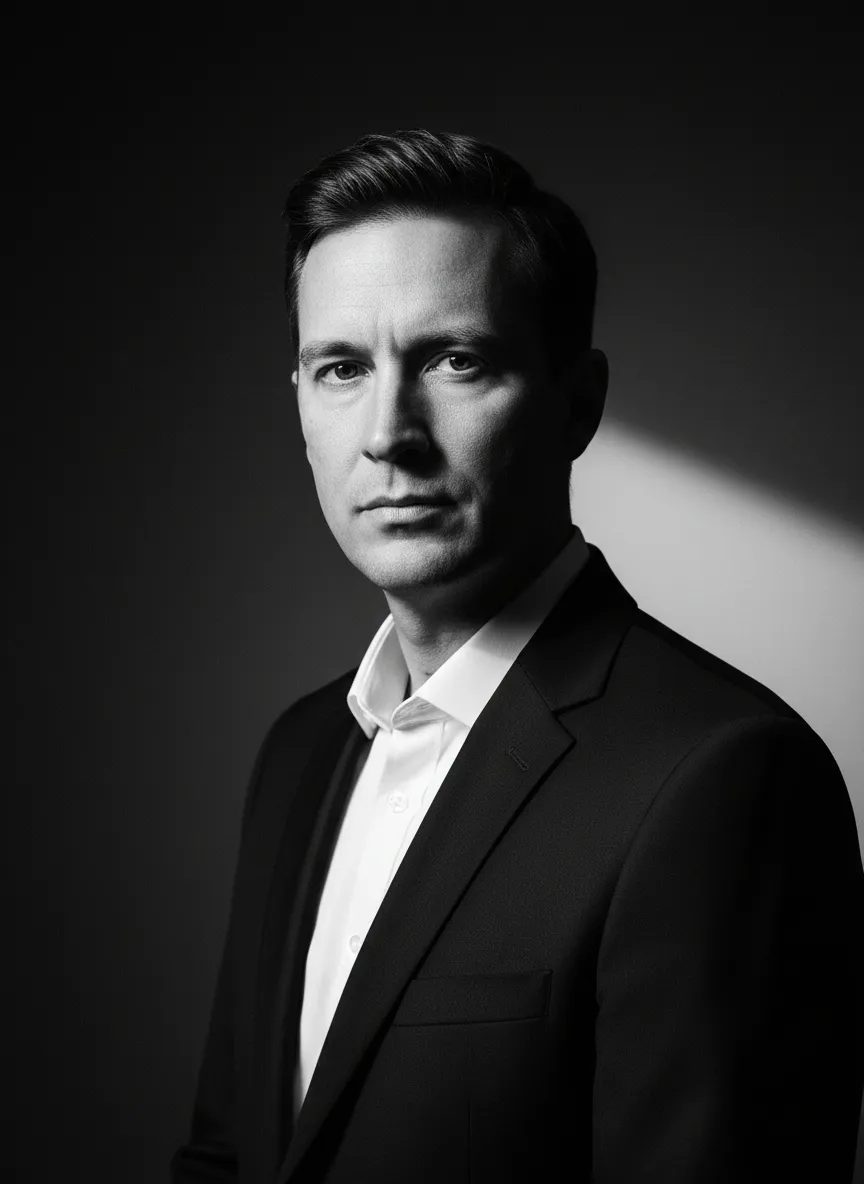Stark black and white portrait of the author