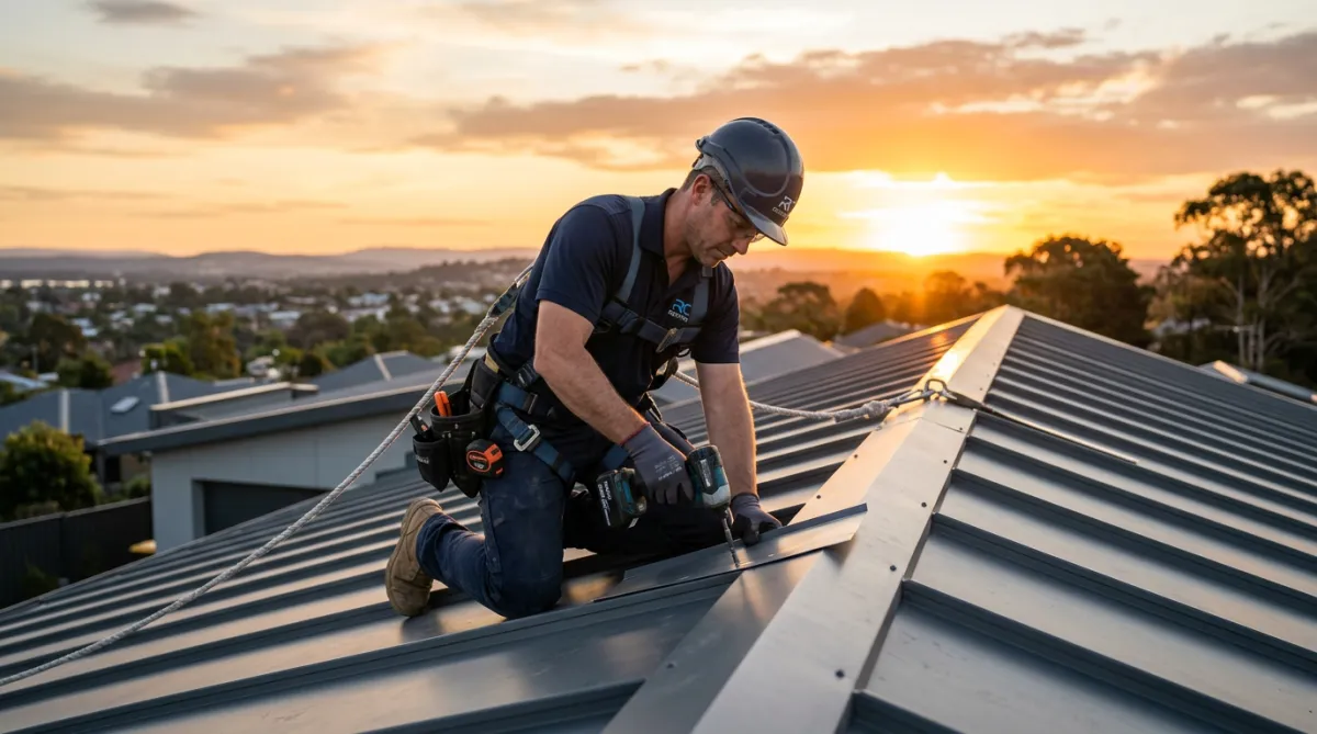Contractor working on a metal roof during sunset, warm lighting.