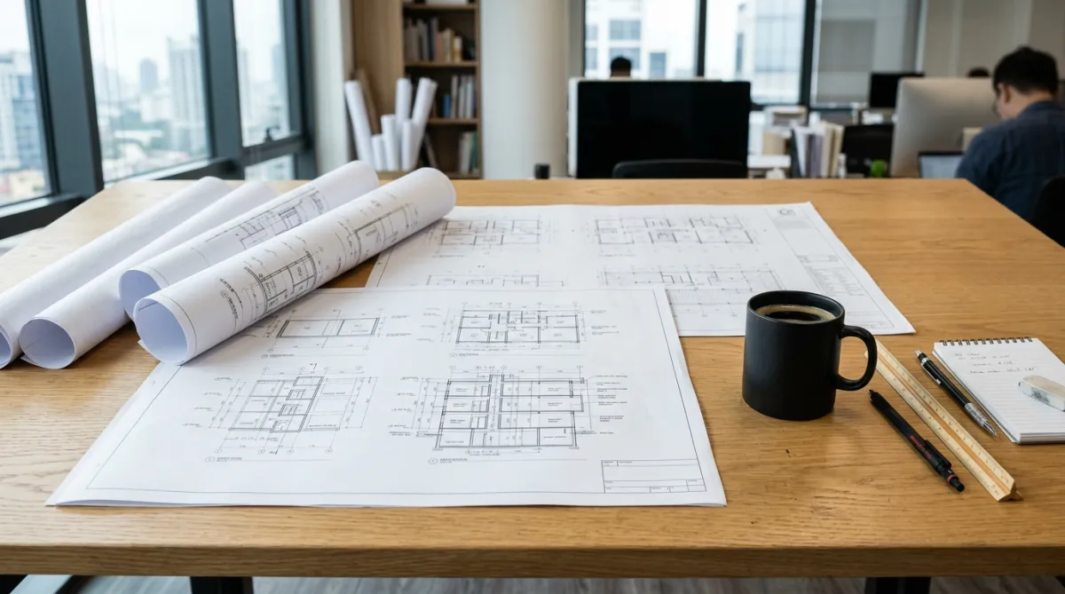 Architectural blueprints and drawings spread out on a table next to a black mug.