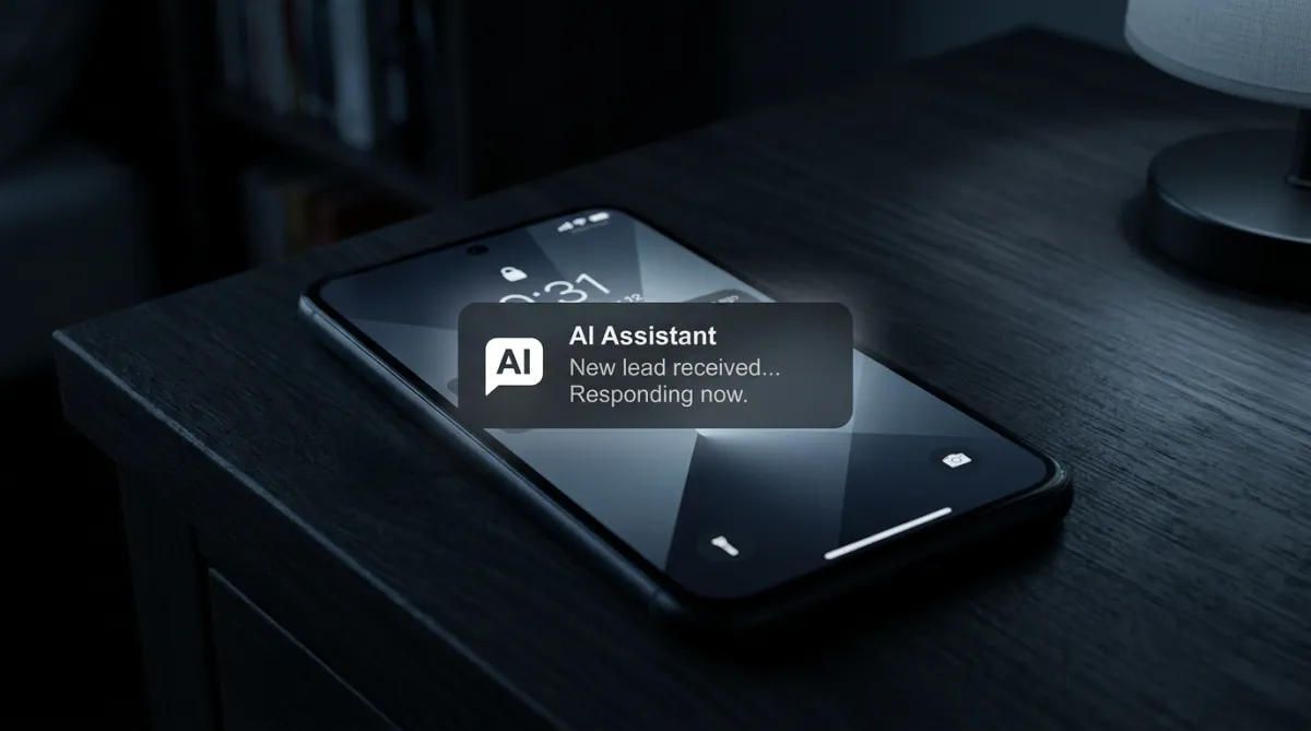 Smartphone screen showing an AI assistant notification reading 'New lead received... Responding now.' in a dark setting