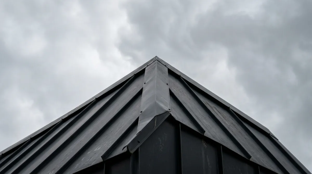 Close up of a dark metal roof peak against a grey sky.