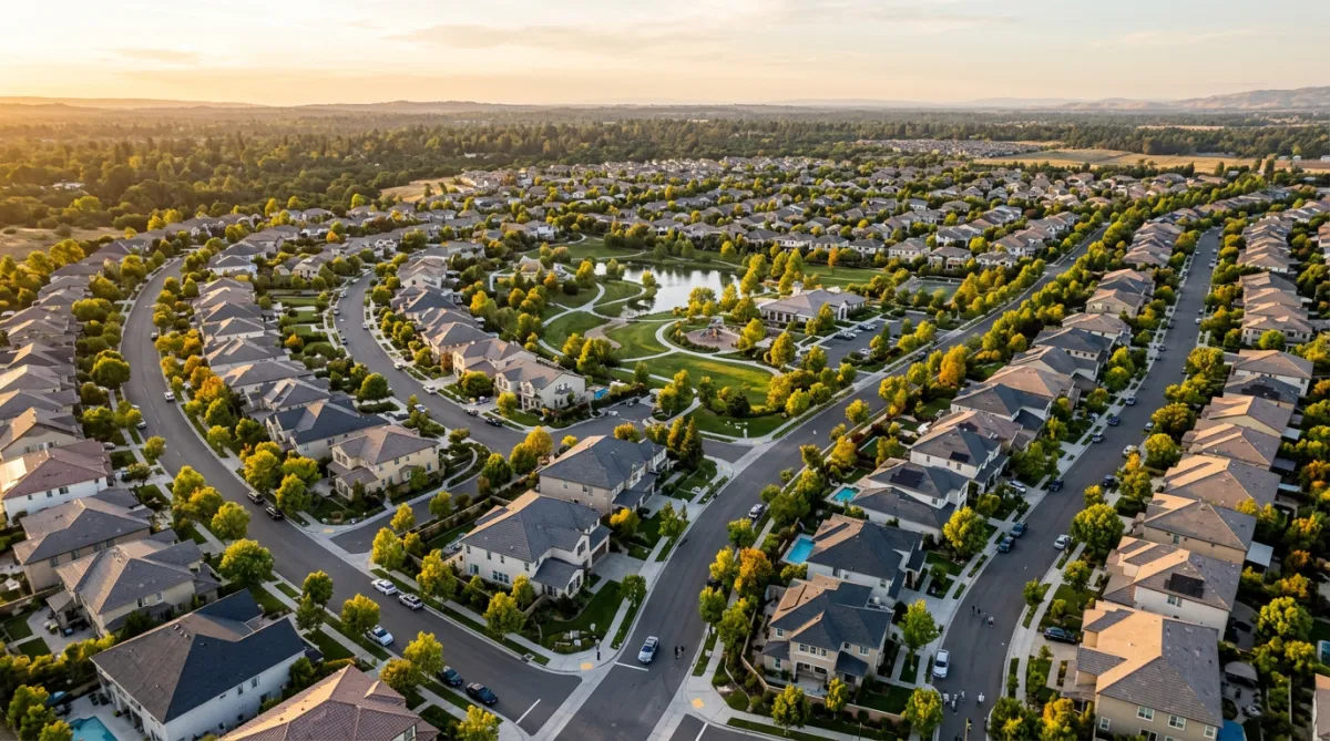 Aerial view of a sprawling suburban neighborhood bathed in golden hour sunlight