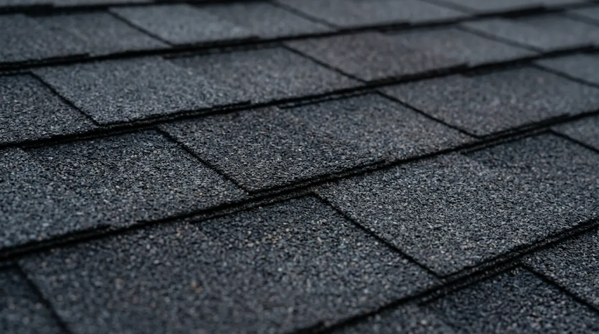 Close up shot of dark textured roofing shingles.