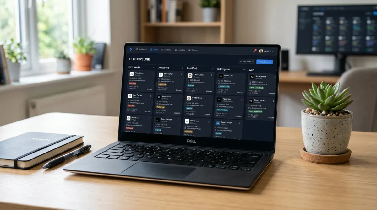 A laptop open on a desk displaying a dashboard with lead management columns in a dark mode UI, next to a small potted plant