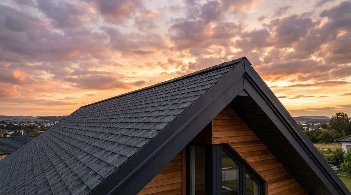 Close-up of a house roof peak against a cloudy sunset sky