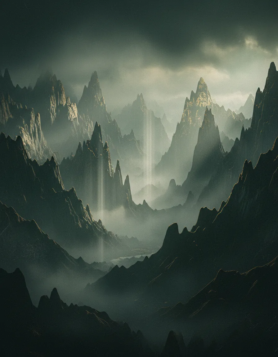 Desaturated conceptual illustration of an atmospheric fantasy landscape with Fayrow Sage accents