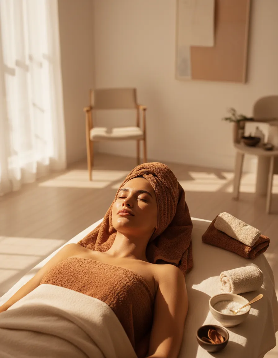 Warm-toned beauty photography of a woman experiencing a bespoke facial treatment