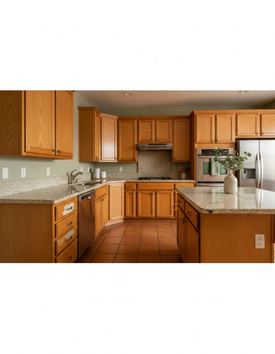 A functional but older kitchen in an Upland home showing what not to renovate before selling