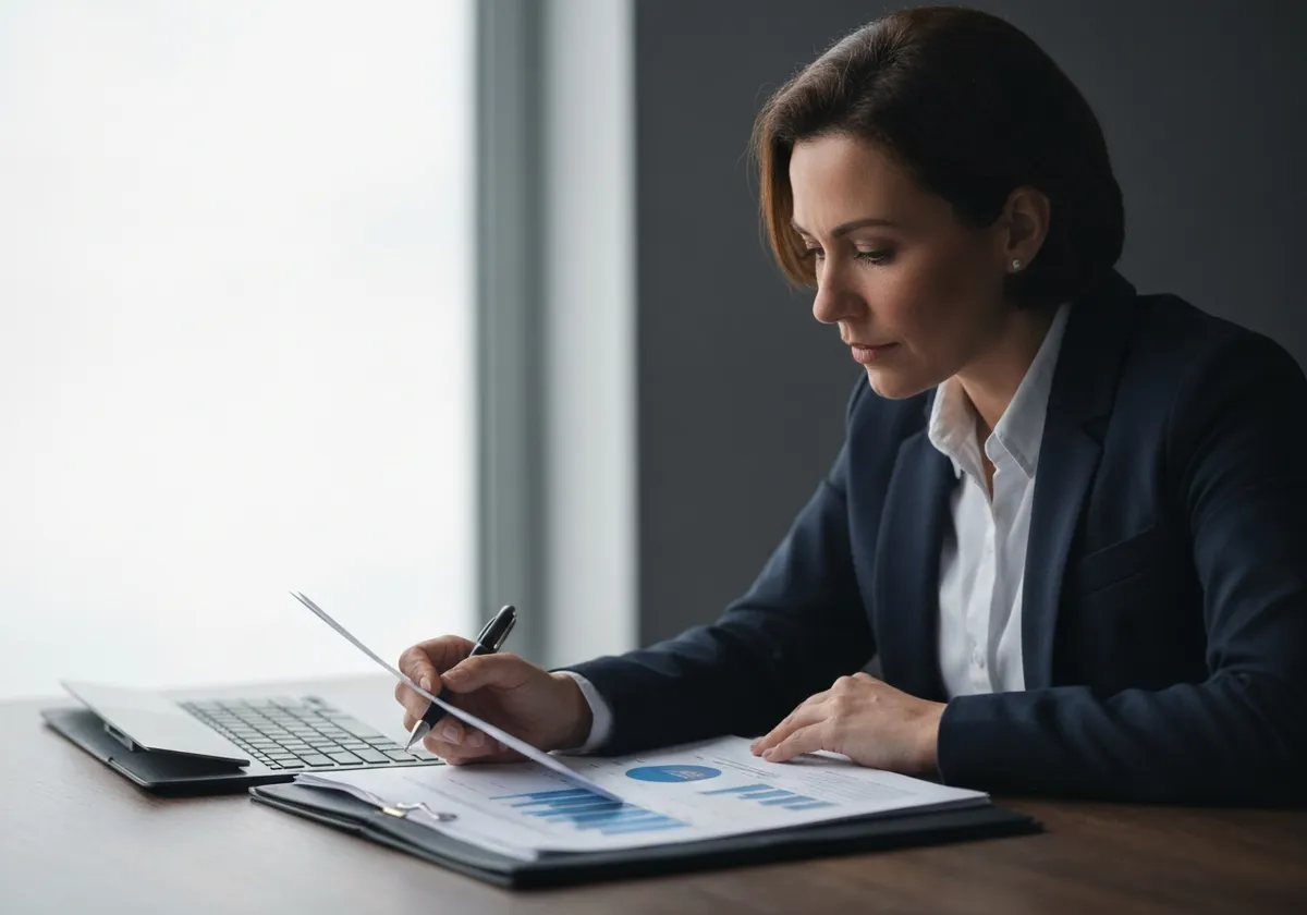 Directora financiera revisando resultados y proyecciones de retorno en un informe
