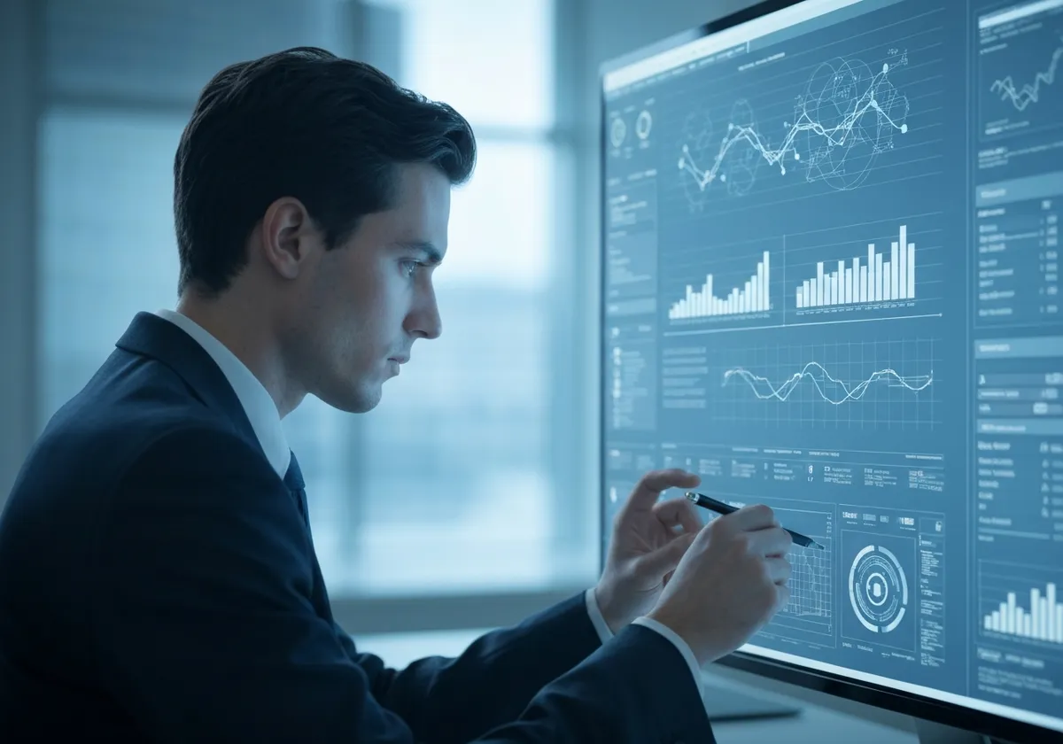 Analista trabajando con gráficos de eficiencia y automatización en una pantalla