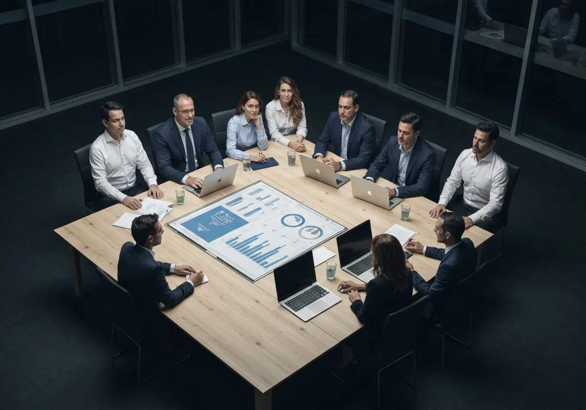 Equipo directivo revisando un panel de capacidad operativa en una oficina moderna