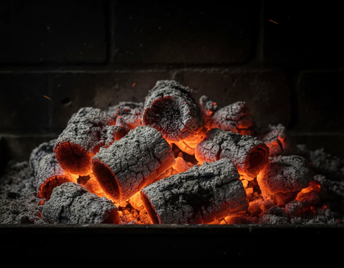 Close embers in a fireplace, steady and controlled heat.