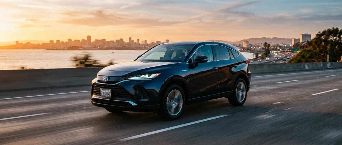 Sleek modern hybrid vehicle driving along city skyline during golden hour